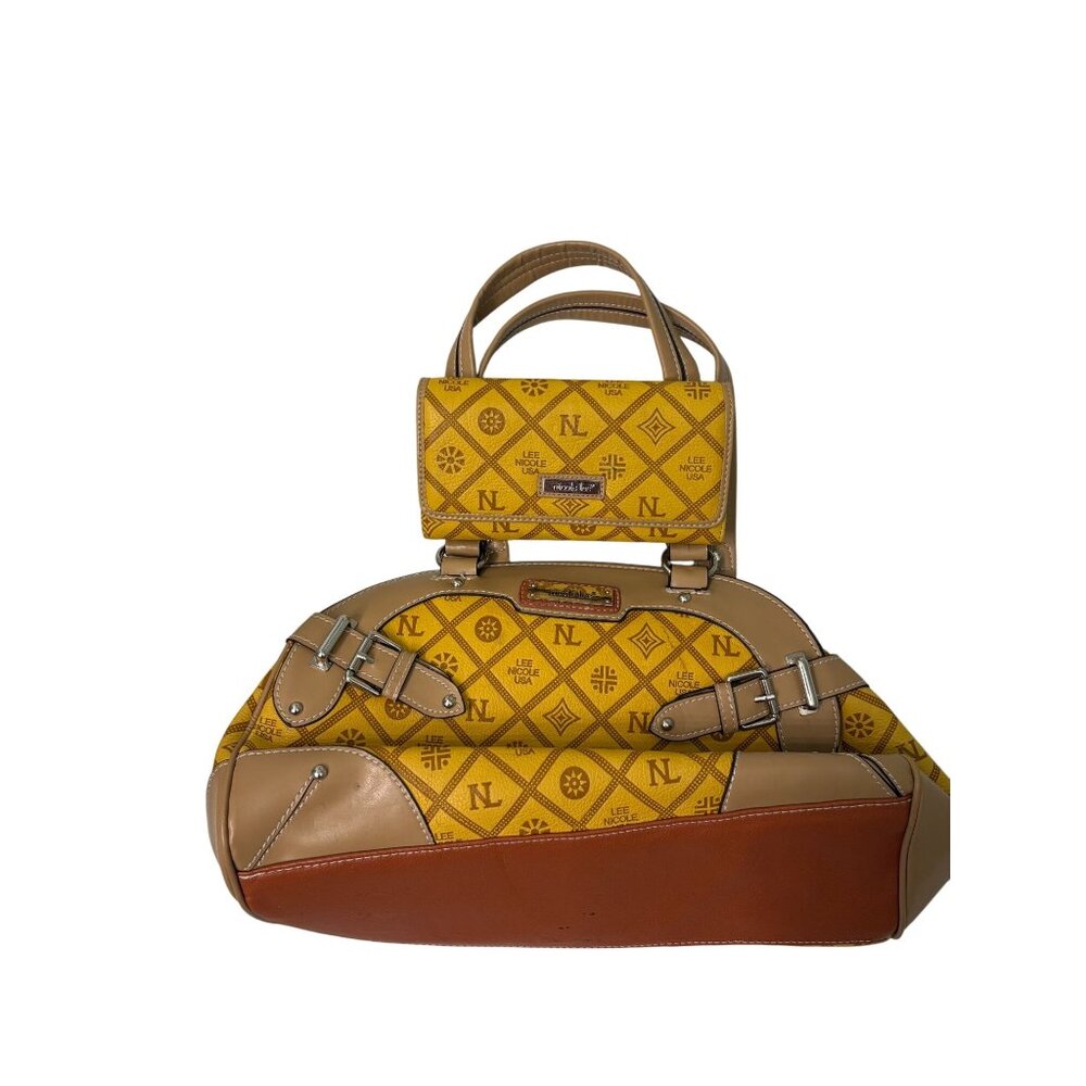Nicole Lee USA Womens Fashion Satchel & Wallet Set Yellow/Brown Faux Leather Des